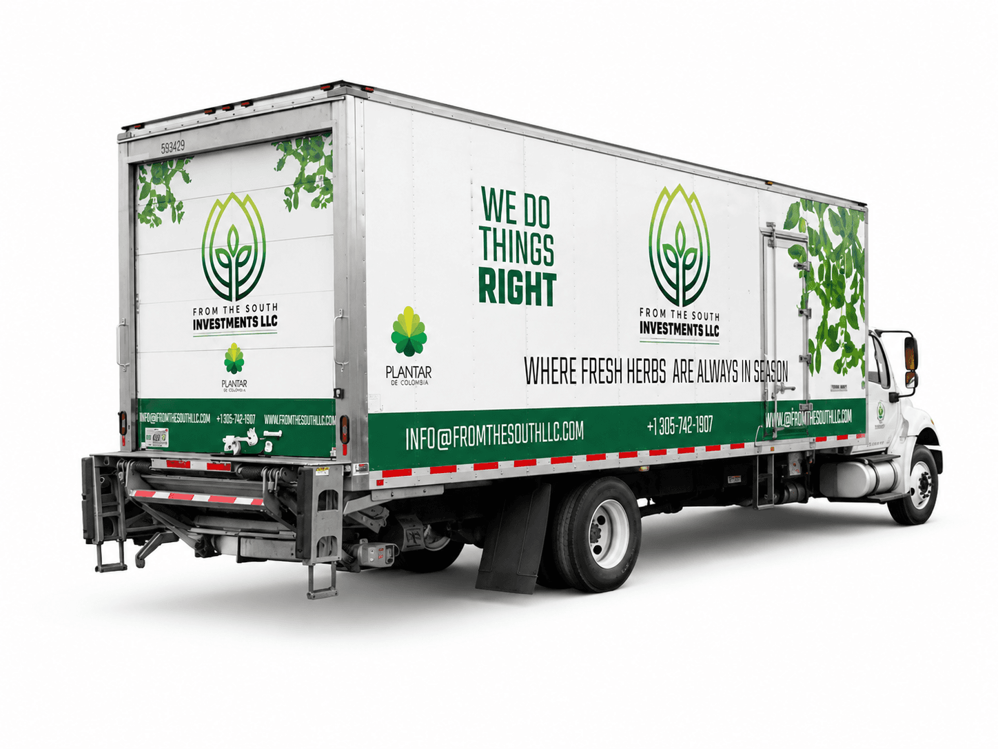 Studio photograph of the From The South Investments LLC branded refrigerated truck showing full vehicle wrap.